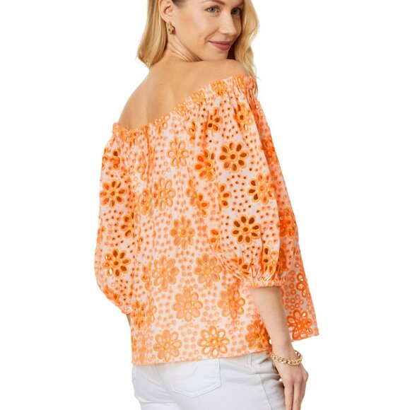 Lilly Pulitzer Kerrigan Elbow Sleeve Top Cantaloupe Funflower Eyelet - Picture 3 of 8